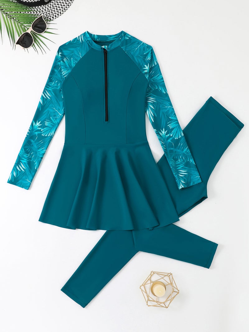 New store welfare Women's Modest Two-Piece Swimsuit with Zipper, Long Sleeves, Long Pants - Sun Protection 2026 New  Style