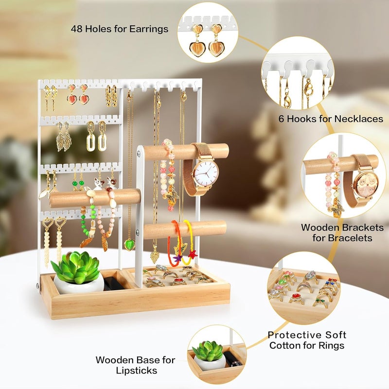 Godboat Jewelry Organizer, 4-Tier Earring Holder Organizer with 48 Holes, 6 Hooks Necklace Rack, Bracelet and Ring Stand with Wood Box, Gifts for Mothers Mom Women, Preppy Stuff & Room Decor, (White) - Image 5