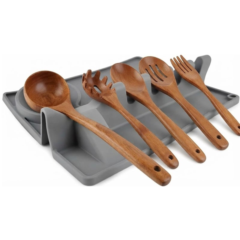 Kitchen Silicone Utensil Rest - BPA-Free Heat-Resistant Spoon Rest for Stove Top - Spoon Rest for Kitchen Counter Grill Utensil Holder-Grey - Image 1