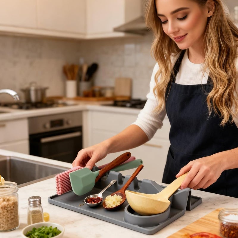 Kitchen Silicone Utensil Rest - BPA-Free Heat-Resistant Spoon Rest for Stove Top - Spoon Rest for Kitchen Counter Grill Utensil Holder-Grey - Image 2