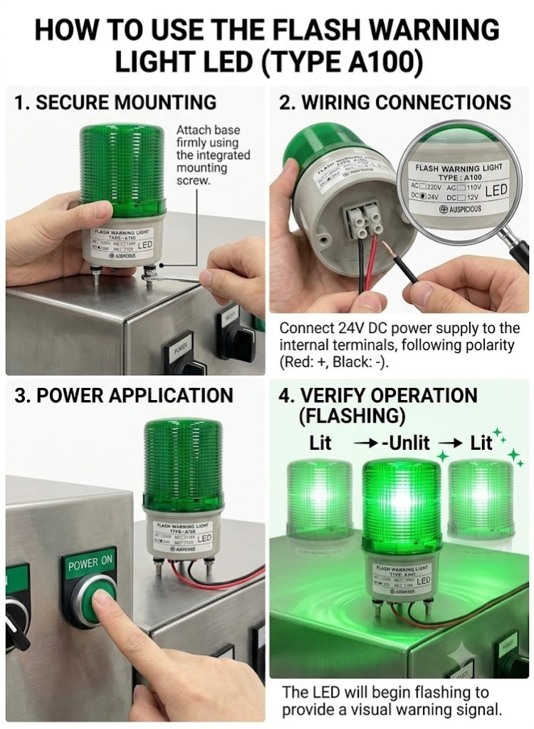 Auspicious Flashing Warning Light LED Type Green Color A100F 24 VDC - Image 2