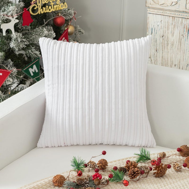 K KEVIN TEXTILE Kevin Textile Set of 2  Super Soft Striped Corduroy Velvet Decorative Euro Throw Pillow Sham Cushion Cover for Baby  22x22 inch(55cm)  Pure White  - Image 4