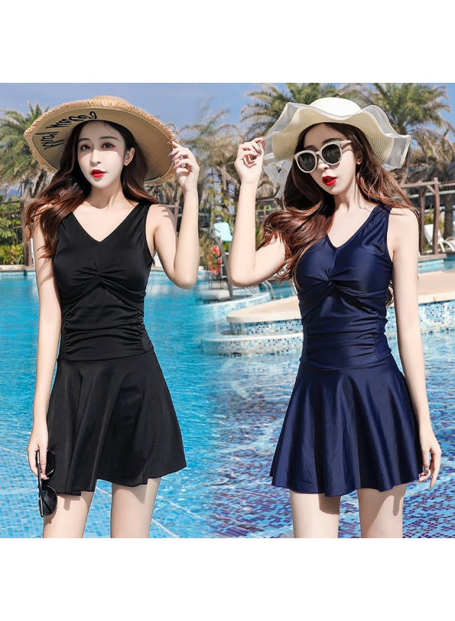 Loquat Korean-style Ins Conservative High-end Small Chest Push-up One-piece Swimsuit Tight Waist To Cover Flesh Slim V-neck Swimwear Swimwear Women's Swimwear-Color:Navy- - Image 3