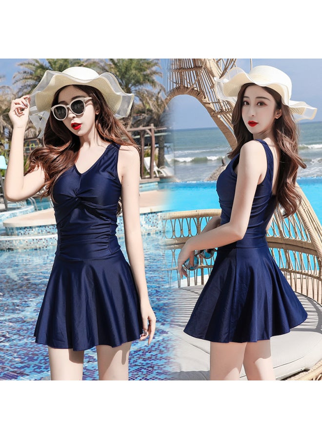 Loquat Korean-style Ins Conservative High-end Small Chest Push-up One-piece Swimsuit Tight Waist To Cover Flesh Slim V-neck Swimwear Swimwear Women's Swimwear-Color:Navy- - Image 2