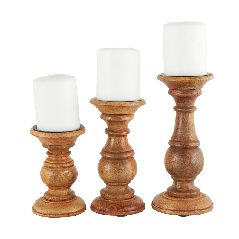Deco 79 Mango Wood Decorative Candle Holder Turned Style Pillar Candle Stand Set of 3 Candlestick Holder 1086H Brown
