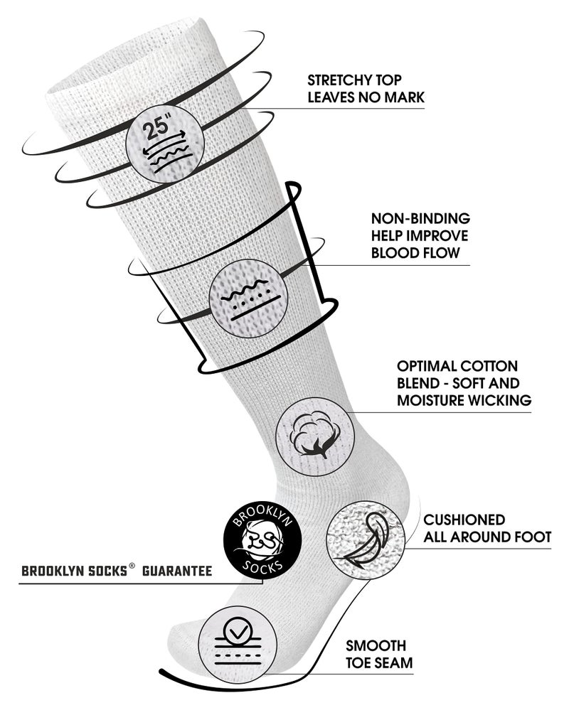 Brooklyn Socks 6 Pairs of Diabetic Over The Calf - Knee High Cotton Socks (White - 6 Pairs, Fit Men's Shoe Size 10-12) - Image 2