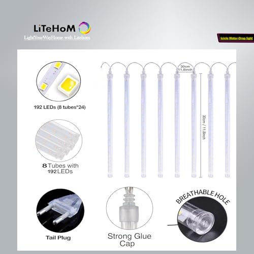 Litehom Rain Drop LED Meteor Shower 192 LEDs 8 Tubes (11.8") | Icicle Falling Effect for Diwali, Christmas, New Year, Home & Outdoor Decoration, Balcony, Tree, Party Decor (Multicolor) - Image 4