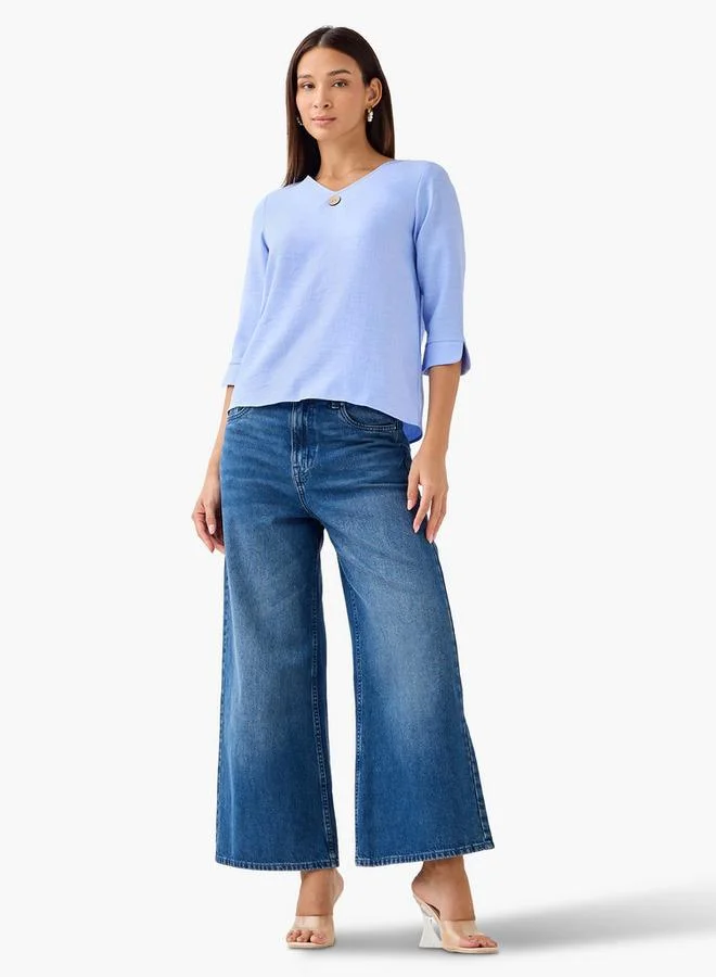 سبلاش فيڤ بلوزة بتطريز أزرار وياقة على شكل