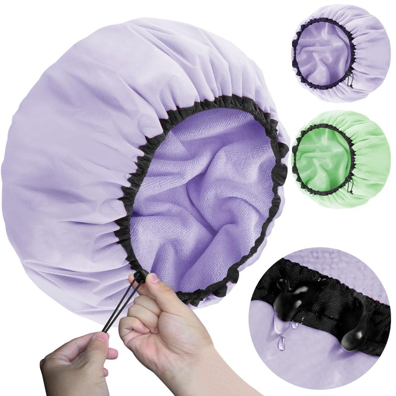 Sheomern 2 Pcs 135 Dual Waterproof Design Adjustable Terry Shower Cap for Women and Men EVA Double Layer Bath Cap Reusable for Braids Long Hair Dreadlocks