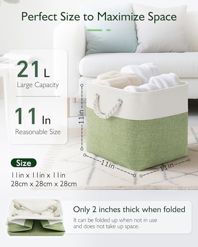 Patvingot 11x11 Cube Storage Bins, 6 Pack Foldable Fabric Organizer Bins with Rope Handles, Storage Cubes for Organizing Bedroom, Living Room, Clothes and Toys, Shelves and Closet (White & Green) - Image 2