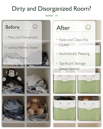 Patvingot 11x11 Cube Storage Bins, 6 Pack Foldable Fabric Organizer Bins with Rope Handles, Storage Cubes for Organizing Bedroom, Living Room, Clothes and Toys, Shelves and Closet (White & Green) - Image 5