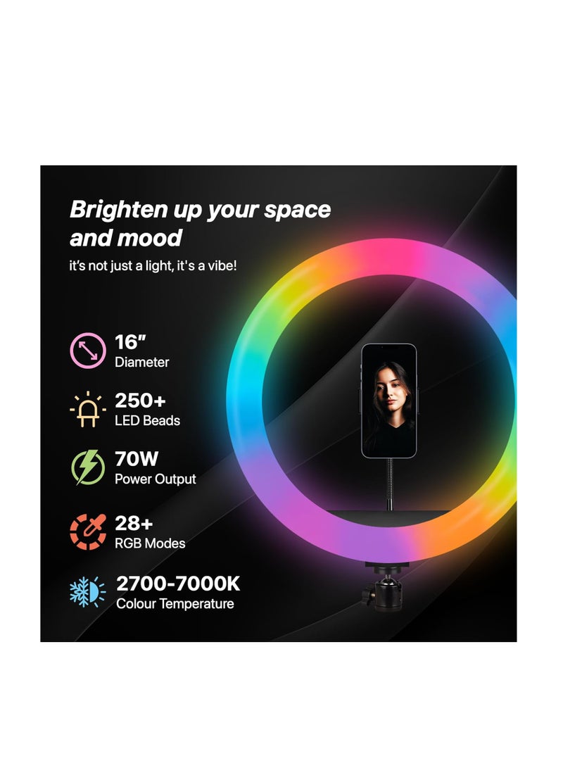 "16-inch LED RGB Ring Light without Tripod | 28+ Color Modes for YouTube, Photography, Video Recording, Live Streaming, Makeup & More | Compatible with iPhone/Android and Cameras"  - Image 1