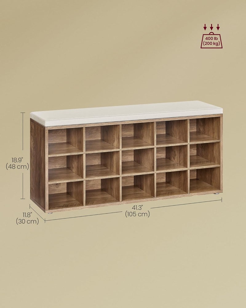 VASAGLE Shoe Bench with Cushion, Storage Bench with Padded Seat, Entryway Bench with 15 Compartments, for Bedroom, 11.8 x 41.3 x 18.9 Inches, Honey Brown and Cappuccino Beige - Image 3