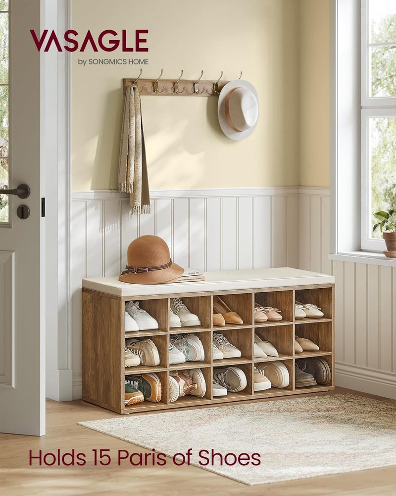 VASAGLE Shoe Bench with Cushion, Storage Bench with Padded Seat, Entryway Bench with 15 Compartments, for Bedroom, 11.8 x 41.3 x 18.9 Inches, Honey Brown and Cappuccino Beige - Image 2