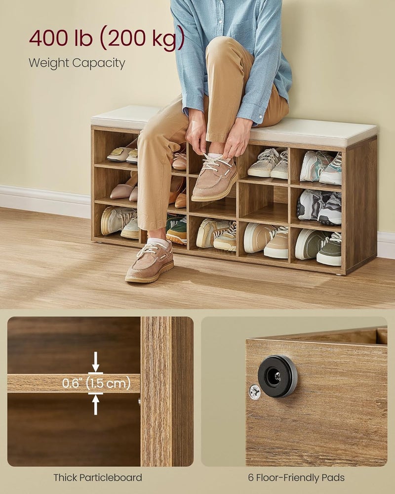 VASAGLE Shoe Bench with Cushion, Storage Bench with Padded Seat, Entryway Bench with 15 Compartments, for Bedroom, 11.8 x 41.3 x 18.9 Inches, Honey Brown and Cappuccino Beige - Image 4