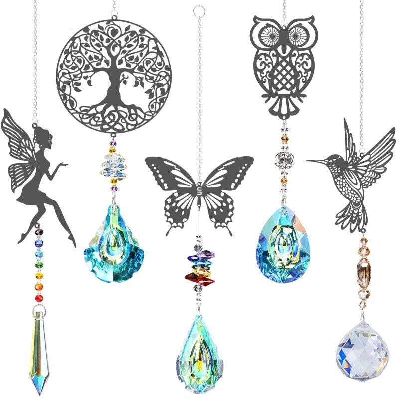 Crystal Suncatchers with Prisms Hanging Window Sun Catcher Decor Indoor Rainbow Maker Ornament Owl Hummingbird Butterfly Prism Suncatchers Gift Pack of 5 Silver