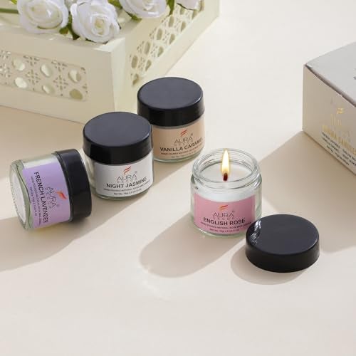 AURA DECOR Auradecor Premium Scented Candle Gift Set - French Lavender, English Rose, Night Jasmine, Vanilla Caramel - Relaxation & Aromatherapy Collection - Image 2
