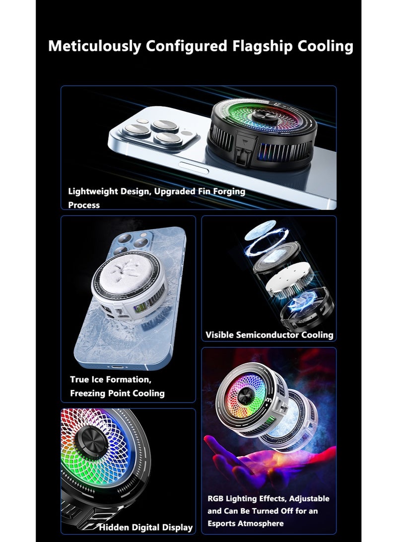 TDAO 2-in-1 Magnetic/Back Clip Type Semiconductor Phone Cooler, Silent RGB Gaming Cooler, 15W High-Power Cooling, Three-Speed Adjustable Fan Speed, with Digital Display, Portable Phone Cooling Fan, Suitable for Android and Apple Phones, Ideal for Esports/Live Streaming, Black - Image 4
