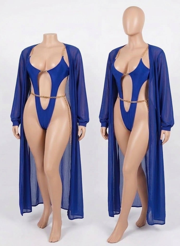 Women's Premium Butter Fabric Two Piece Lingerie Set with Sheer Long Sleeve Robe, Deep V Cut Bodysuit, Soft Stretch Nightwear, Lightweight Sleepwear and Sensual Lounge Outfit for Women up to 80 KG - Image 2