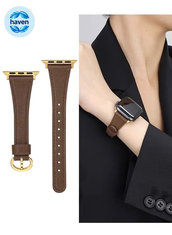HAVEN Slim Leather Bands Compatible with Apple Watch Band 38mm/40mm/41mm, Top Grain Genuine Leather Strap for iWatch Series10 9 8 7 6 5 4 3 2 1 SE Ultra 2 - Brown - Image 1