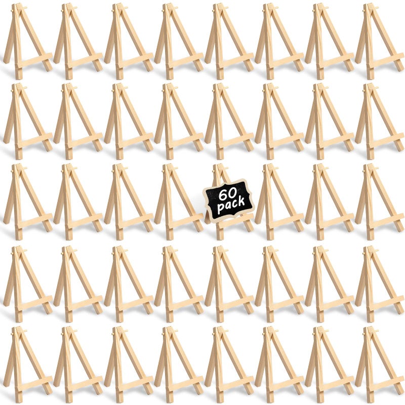 Mimorou Mimorou 60 Pack 5 Inch Mini Easel Wood Display Artist Small Wooden Easel Stand Art Craft Painting Triangle Stand Canvas Holder for Card Artist Photos Tabletop Phone Wedding 