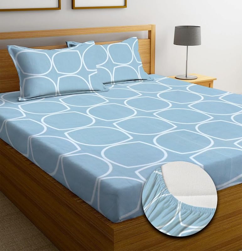 NEW LEAF Premium Cotton Elastic Fitted Bedsheets with 2 King Size Pillow Covers | Double Bed with All Around Elastic 220 TC Supersoft |Size-72 King Sizex78+10 inches | Aqua & White - Image 5
