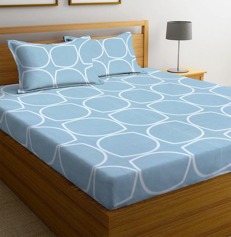 NEW LEAF Premium Cotton Elastic Fitted Bedsheets with 2 King Size Pillow Covers | Double Bed with All Around Elastic 220 TC Supersoft |Size-72 King Sizex78+10 inches | Aqua & White - Image 4