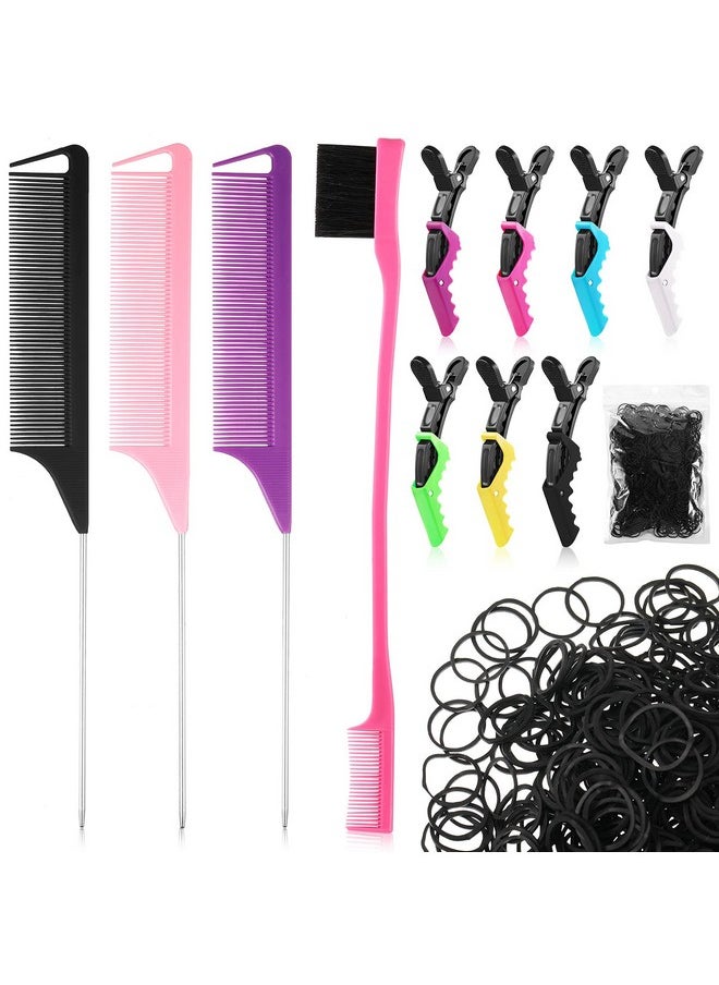 Perthlin 12 Pieces Rat Tail Combs Hair Clips Set 3 Rat Tail Combs 7 Alligator Hair Clips Pin Rat Tail Teasing Parting Combs And Mini Rubber Bands Hair Styling Braiding Comb For Women Girls (Delicate Color)  - Image 2