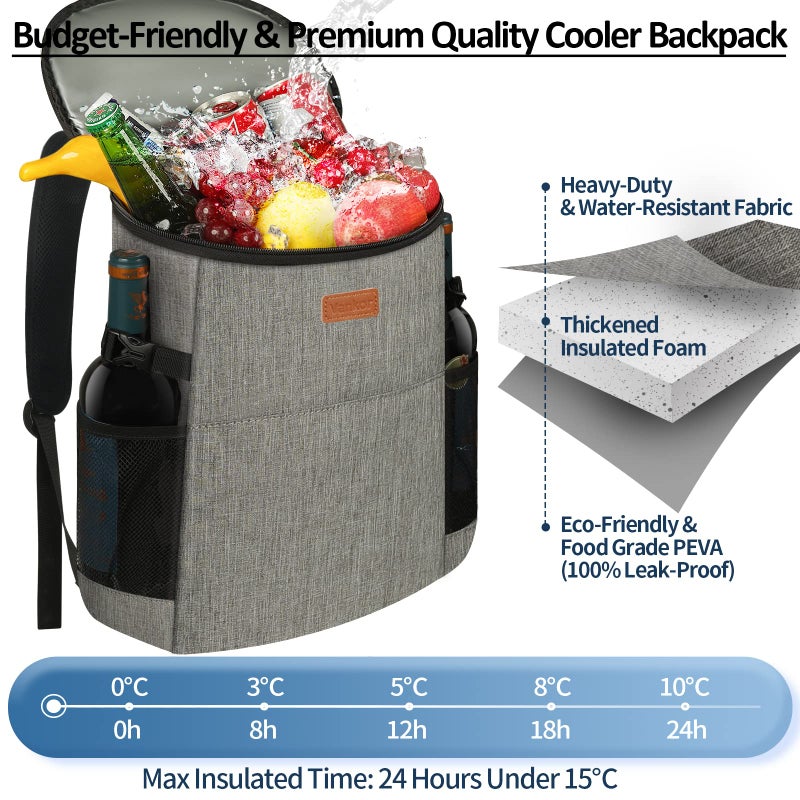 Vankor Camping Cooler Backpack 30 Cans, Soft Backpack Coolers Insulated Leak Proof Travel Cooler Bag Waterproof Lunch Picnic Beach Work Trip Thermal Bag Drink Beverage Beer Bag Cooler Grey - Image 4