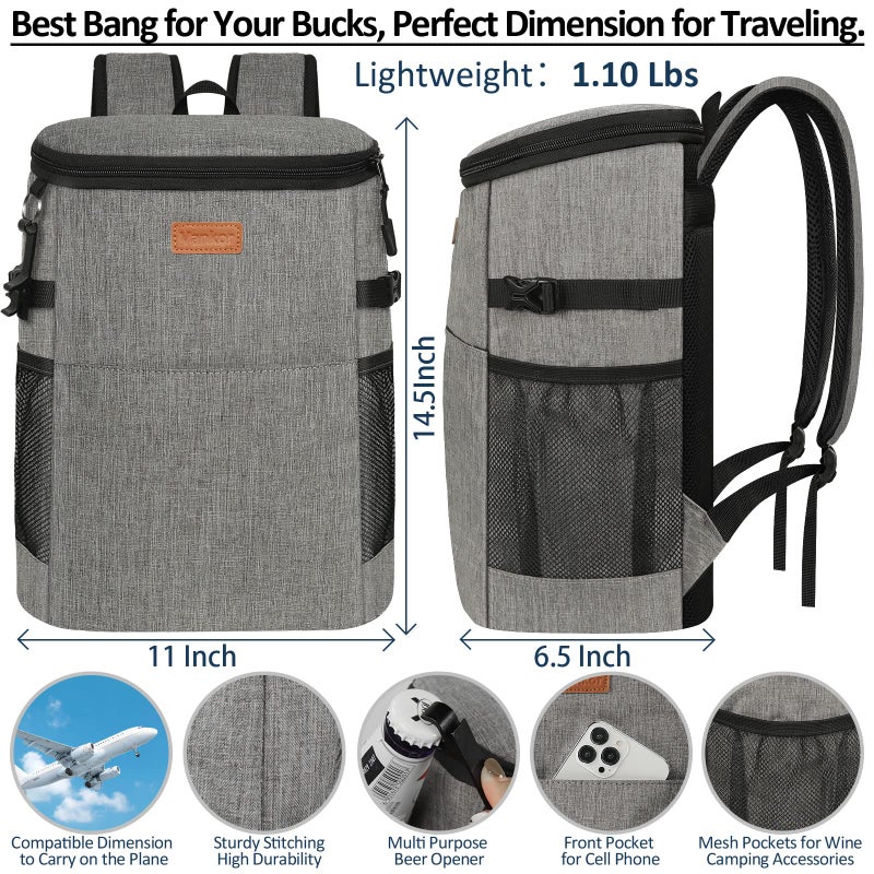 Vankor Camping Cooler Backpack 30 Cans, Soft Backpack Coolers Insulated Leak Proof Travel Cooler Bag Waterproof Lunch Picnic Beach Work Trip Thermal Bag Drink Beverage Beer Bag Cooler Grey - Image 3