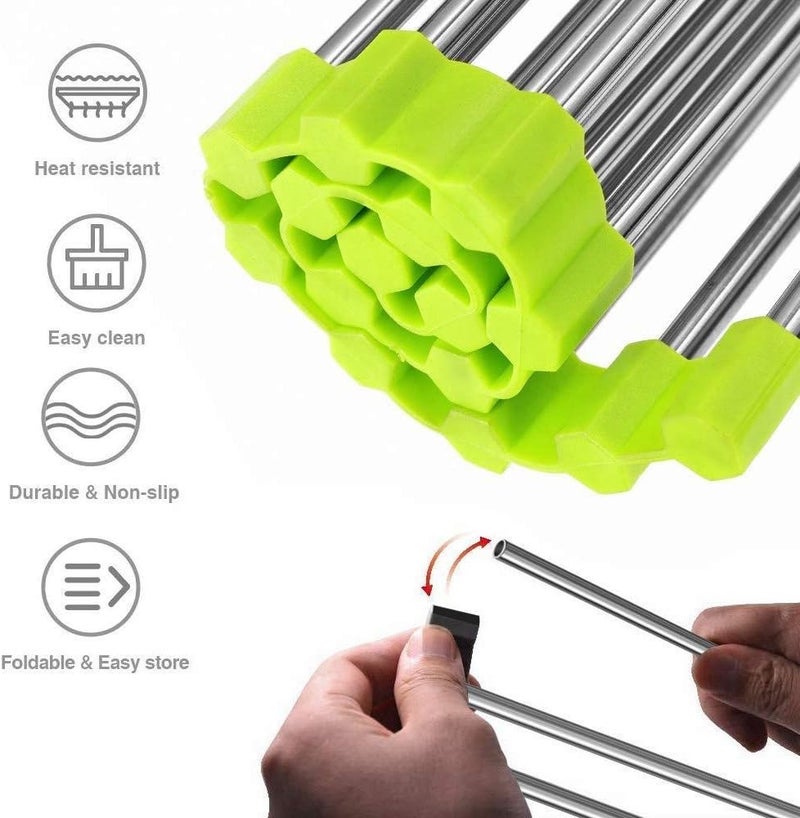 SCILLA Foldable Stainless Steel Drain Rack / Kitchen Sink Roll up Dish Drying Rack / Portable Dish Drainer Rack for Crockery, Utensils, Fruits, Vegetables, Etc. (Multi-Colour) - Image 5