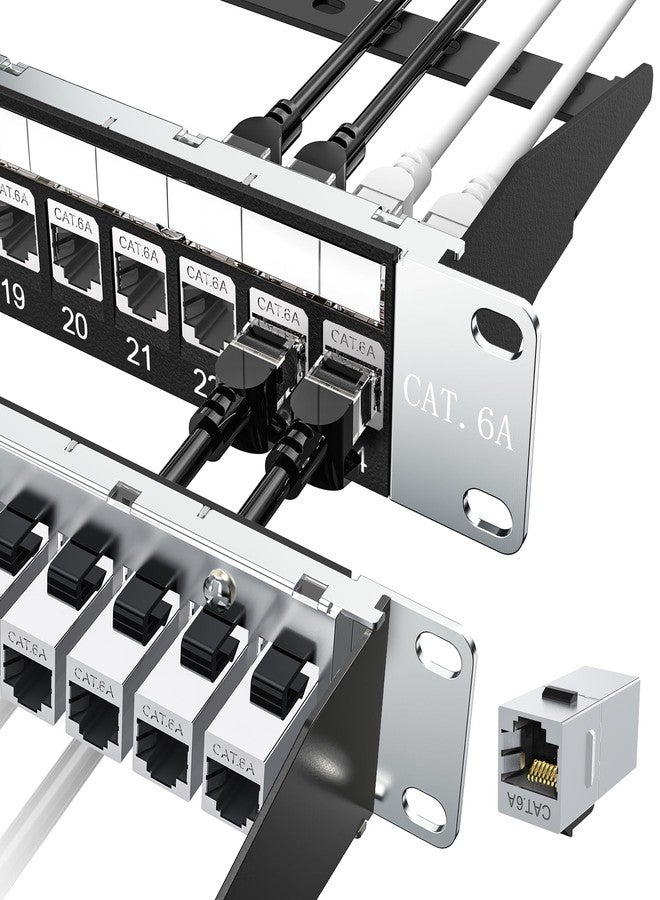 Jadaol 24 Port Shielded Patch Panel Rack or Wall Mount 19-Inch, 1U Cat6A Network Panel Preloaded with 24 Keystone Couplers Plus 1 Spare, 10Gbps Ethernet Panel with Cable Management & Back Support Bar - Image 1