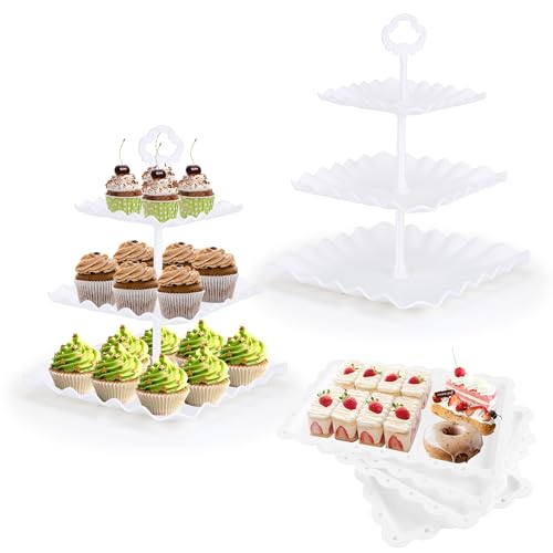 FARQAN 6 Pcs Dessert Table Display Set 2 X Cupcake Stand HolderCup Cake Tier Tower 4 X Serving Tray Combo for Tea Party Birthday Baby Shower Square Pure White - Image 1