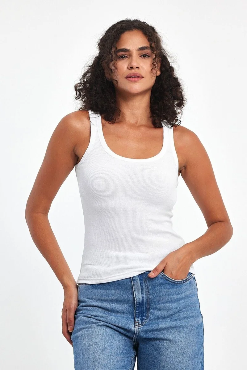 mmetalic Women's Black-White Ribbed Look Strappy Thick 2-Piece Basic Athlete Blouse