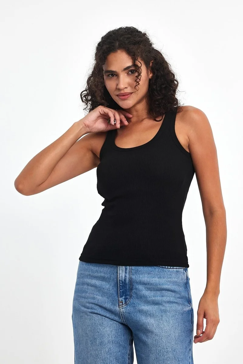 mmetalic Women's Black-White Ribbed Look Strappy Thick 2-Piece Basic Athlete Blouse