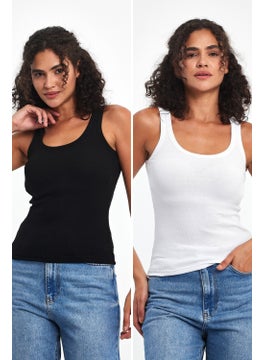 mmetalic Women's Black-White Ribbed Look Strappy Thick 2-Piece Basic Athlete Blouse  - Image 1