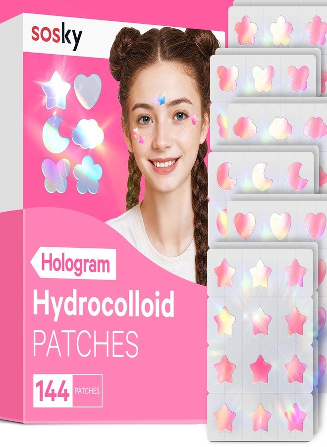 Sosky Hologram Pimple Patches for Face, Hydrocolloid Acne Patches with Salicylic Acid, Cute Star Zit Stickers,Colorful Blemish Covers,144 Count Pink Star Heart Moon Cloud Butterfly Flower - Image 1