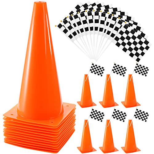 Bekith 12 Pack 12.5 Inch Plastic Traffic Cones with Racing Chequered Flags, Orange Agility Sports Cones, Thick Soccer Training Cones for Outdoor Activity, Festive Events, Fitness Training - Image 1