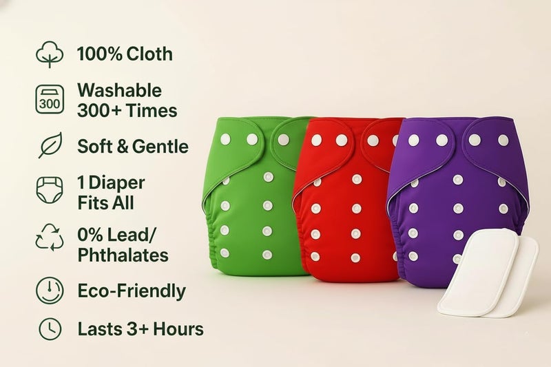 PENTOO Baby Cloth Diapers 0 to 3 Years | Side Leakage Proof Washable Reusable Diaper For New Born Baby Freesize Adjustable, Assorted 3(Pack of 3- Inserts Included) (Green-Red-Purple) - Image 3