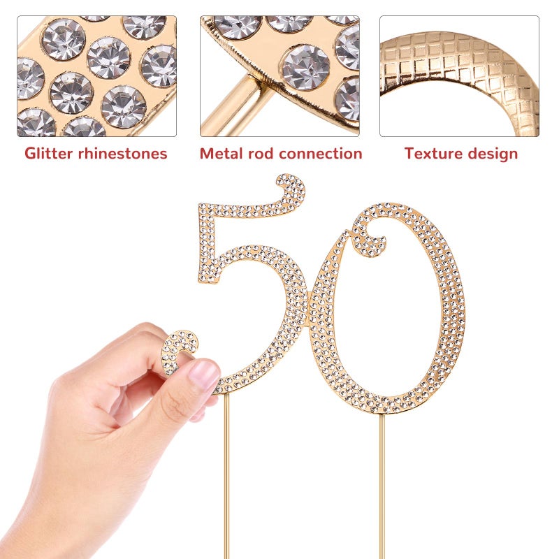 Toddmomy Gold 50 Rhinestone Cake Topper 50th Anniversary Decorations Bling Rhinestone 50th Birthday Crystal Cake Decoration - Image 5