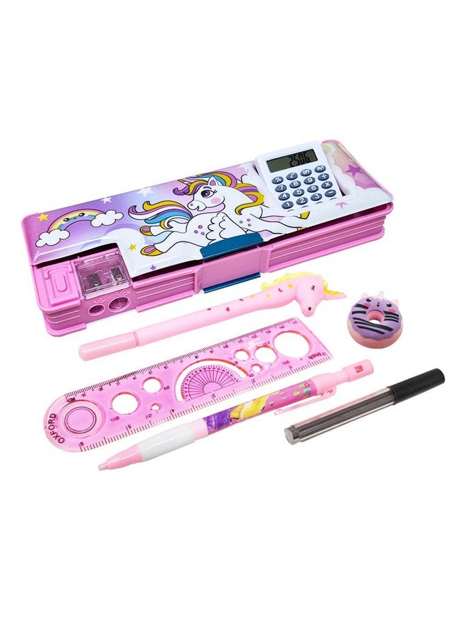 Parteet Stationery Combo Of 1 Plastic Pink Pencil Box With Calculator,1 Unicorn Pen, 1 Lead Pencil With Extra Lead, 1 Scale And 1 Eraser (Assorted Design) - Image 1