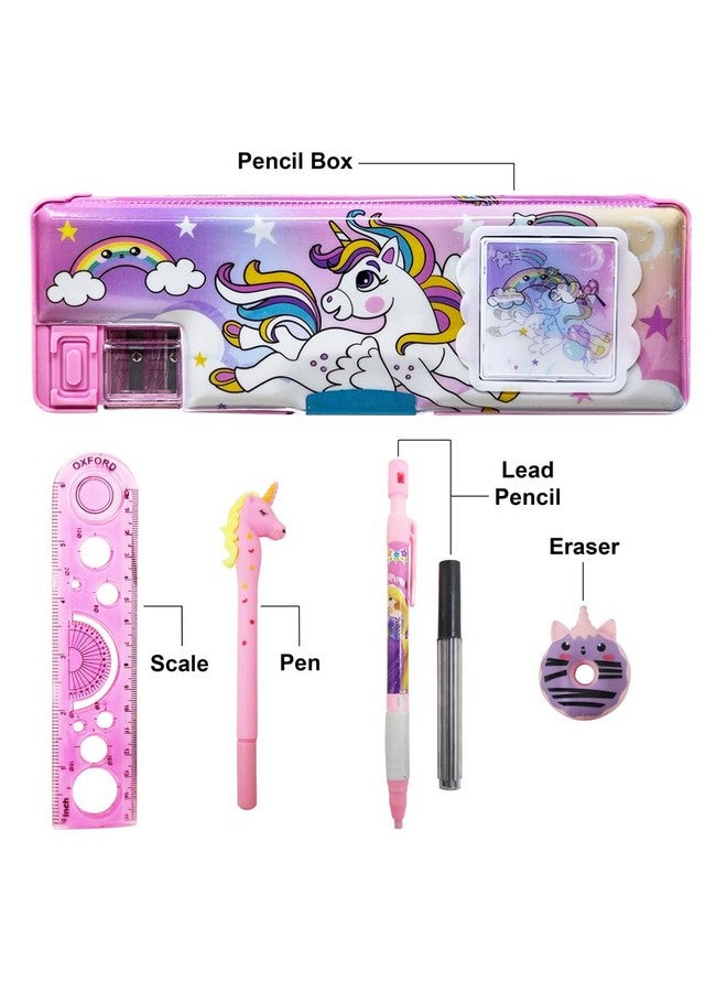 Parteet Stationery Combo Of 1 Plastic Pink Pencil Box With Calculator,1 Unicorn Pen, 1 Lead Pencil With Extra Lead, 1 Scale And 1 Eraser (Assorted Design) - Image 2