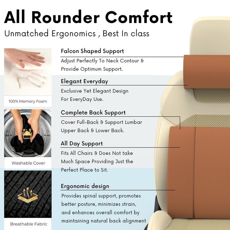RIPOSEV Falcon Lumber Orthopedic Full Lumbar Support for Chair & Car Seat Backrest Cushion for Back Pain Relief - Back Rest Support Back Support Pillow Memory Foam Cushion, (Tan) - Image 4
