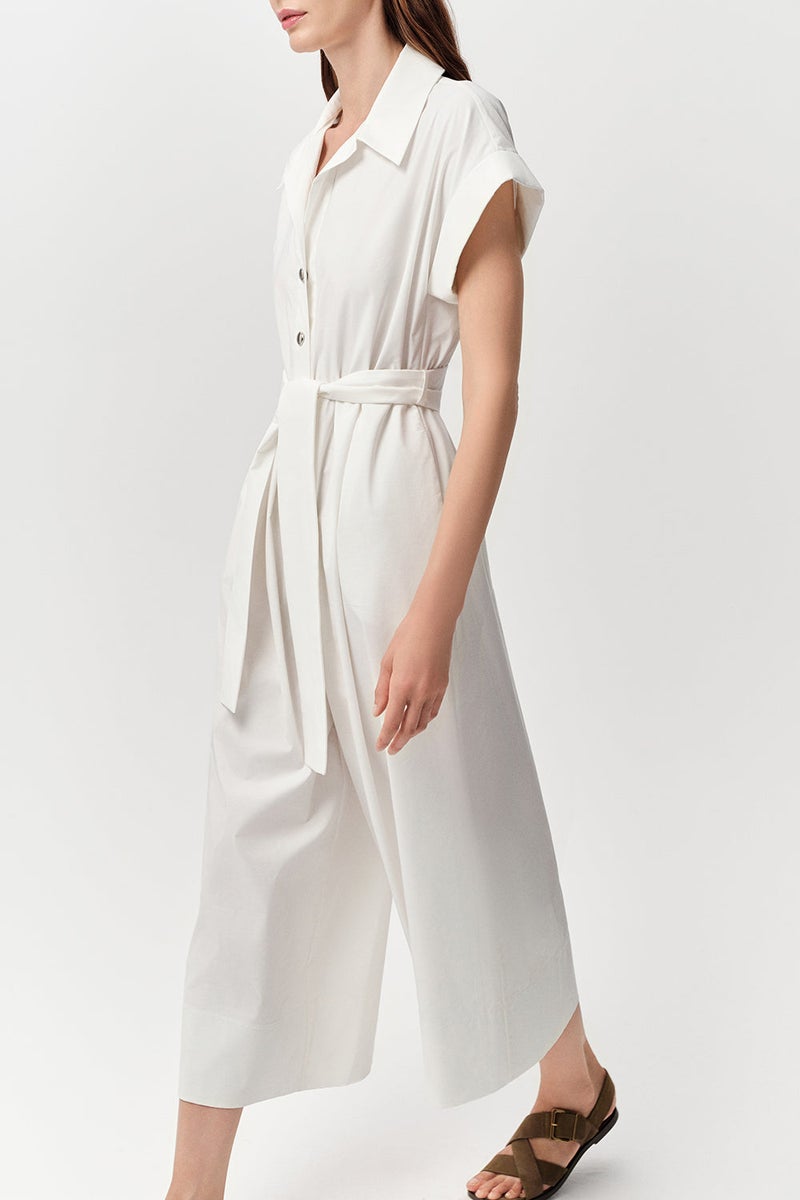 EXQUISE Shirt Collar Short Sleeved Pocketed Belted Midi Regular Bone Jumpsuit - Image 3