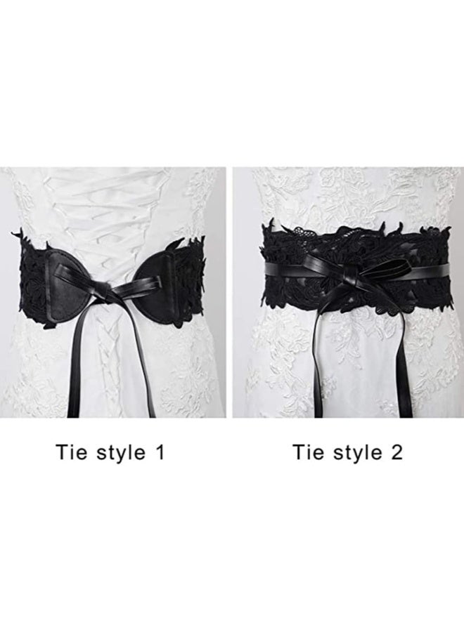 Women's Lace Waist Belt Wide Faux Leather Bow Tie Corset Belts Elastic Wrap Around Bands - Image 2