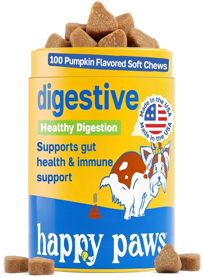 Happy Paws Digestive Supplement for Dogs, Supports Gut Health for Dogs of All Breeds & Ages, Made with Probiotics, Enzyme Blend & Ginger Root, Pumpkin Flavor, Organic, Non GMO, 100 Soft Chews - Image 1
