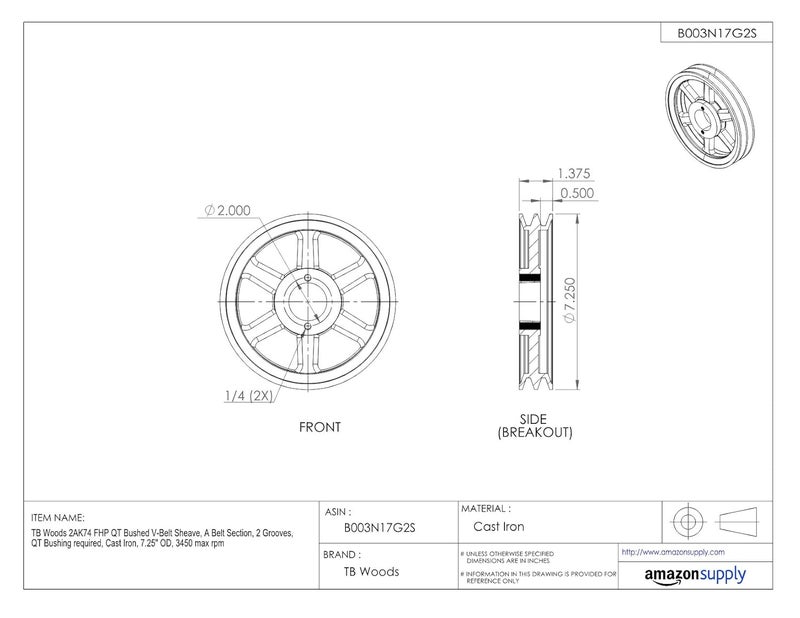 TB Woods 2AK74 FHP QT Bushed V-Belt Sheave, A Belt Section, 2 Grooves, QT Bushing required, Cast Iron, 7.25" OD, 3450 max rpm - Image 3