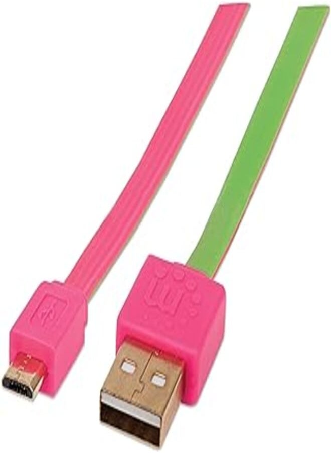 Manhattan - Manhattan 391306 Flat Micro USB Cable- A Male To Micro B Male, 1.8 Meter, Pink/Green - Image 1