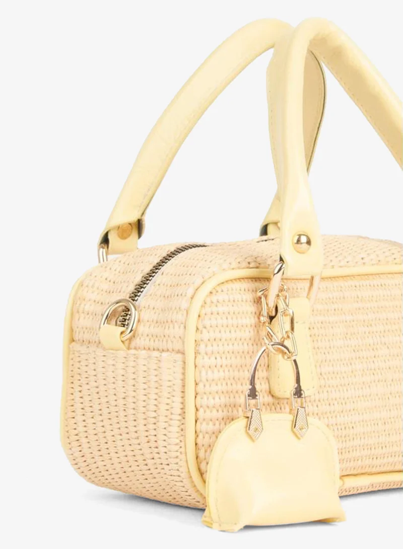 Women's Seagrass Straw Yellow Bag with Charm Accessories, Zipper Closure, Hand, Arm and Shoulder Bag.
