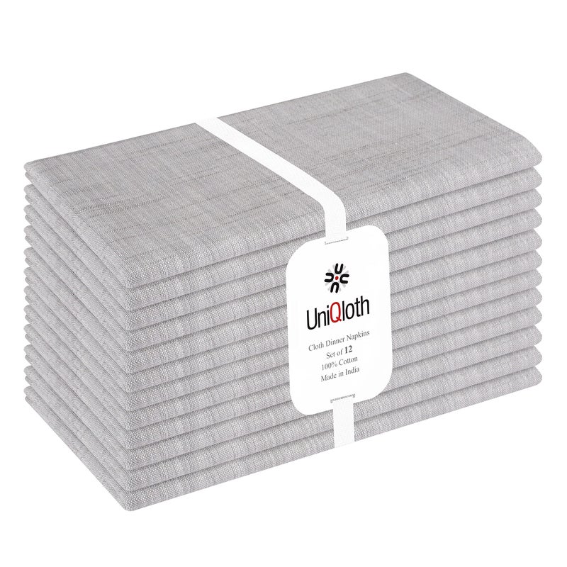 UniQloth Set of 12 Farmhouse Slub Textured Cloth Dinner Napkins Cotton  Soft Durable Washable Reusable Ideal for Weddings Holidays Hotel Restaurant Parties Daily Use Table Dinner Napkins 18x18 Grey
